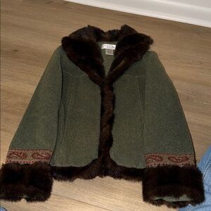 Tasha Polizzi Green and Brown Fur-Trimmed Jacket
